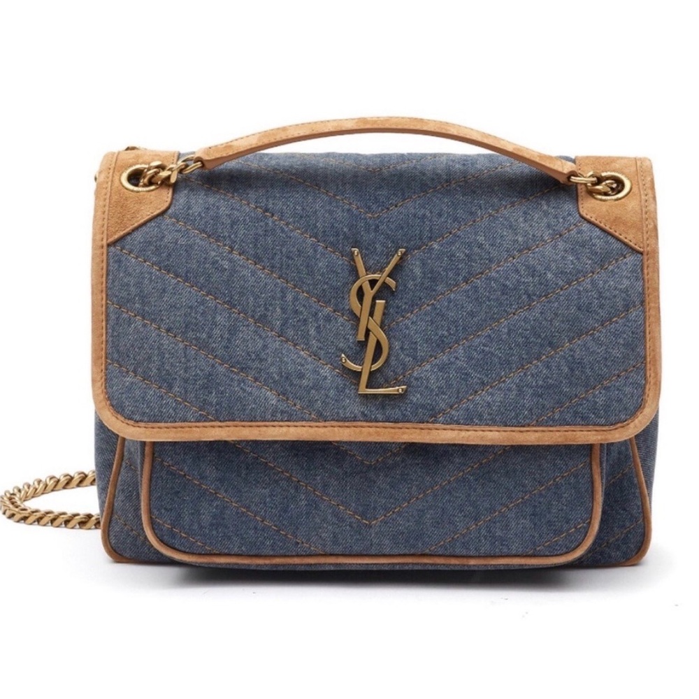 Yves Saint Laurent Denim and Tan Chevron Shoulder Bag